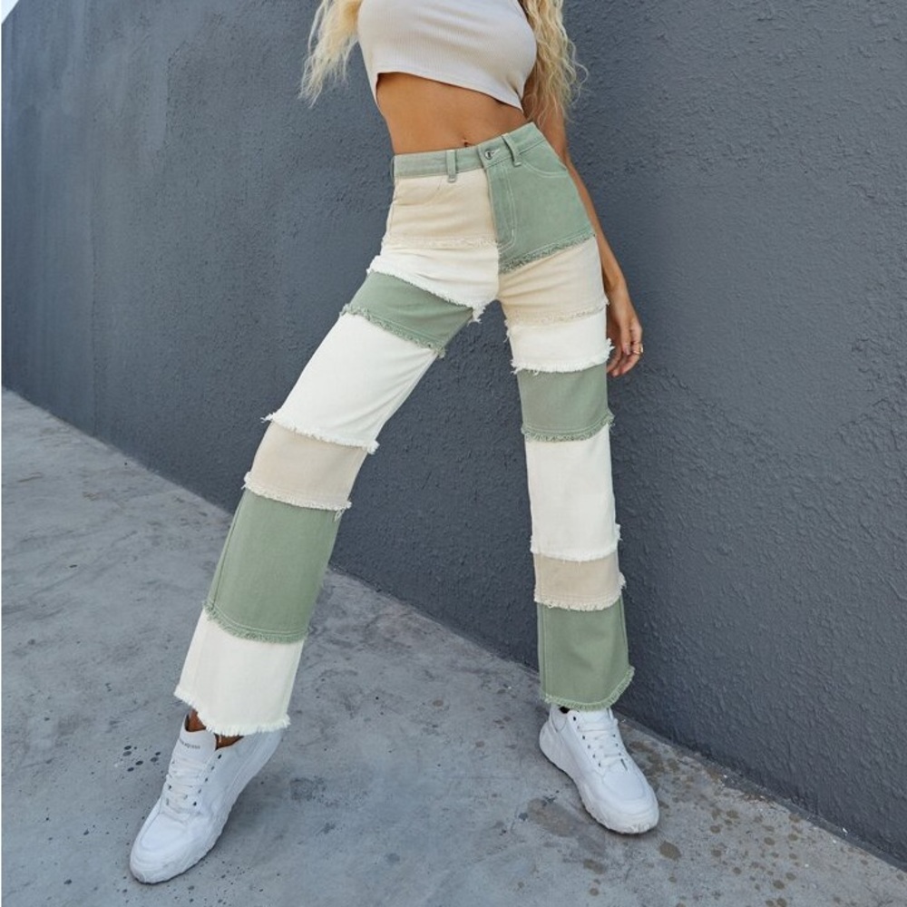 SHEIN Green and Cream Patchwork Flare Jeans